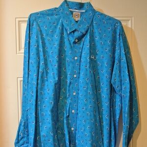 MENS LARGE CINCH BLUE BANDANA PRINT BUTTON DOWN WESTERN SHIRT